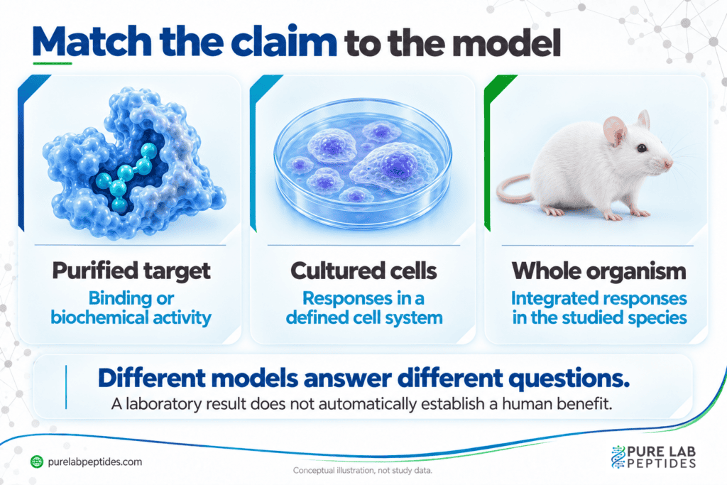Purified targets, cultured cells and whole organisms answer different research questions.